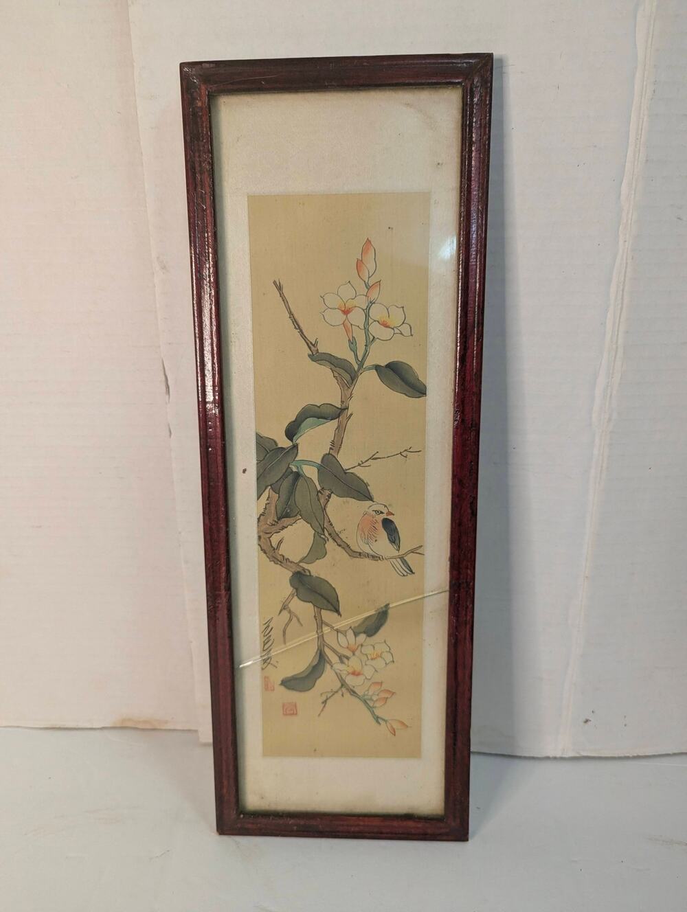 Vintage Chinese Silk Painting Gongbi Bird Flower Framed Wall Art Decor Qi Baishi